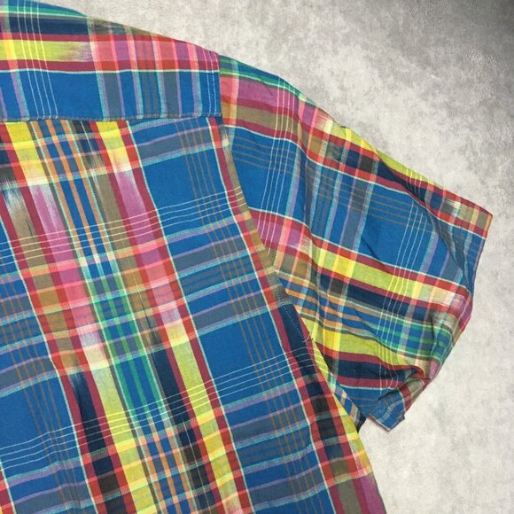 Lands End Men Button Up Front Shirt size XXL Short Sleeve Pocket Blue Pink Plaid - Picture 14 of 14